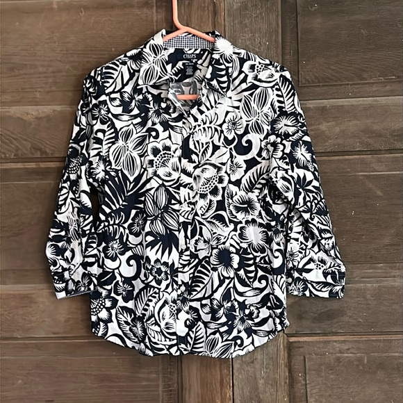 Chaps Tops - Chaps Womens No Iron Blue White Print Long Sleeve Cotton Blouse Large Floral